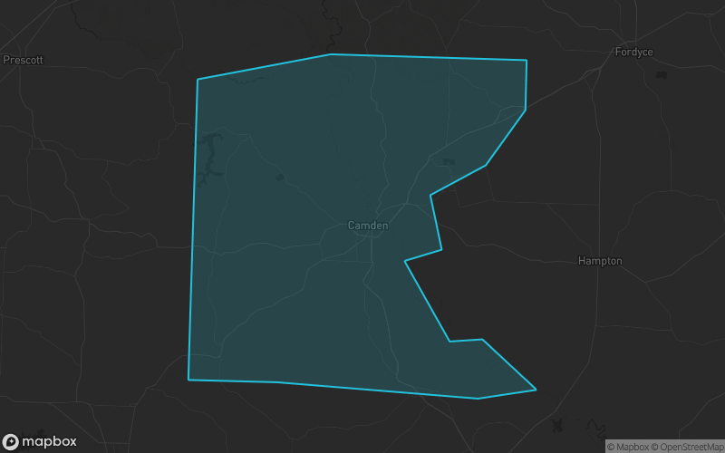 Map of Ouachita County, Arkansas showing the county boundary and surrounding cities
