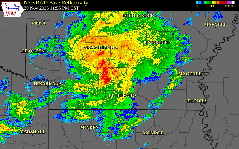 NEXRAD radar during the Thursday, November 20, 2025 storm activity in Ouachita County, Arkansas