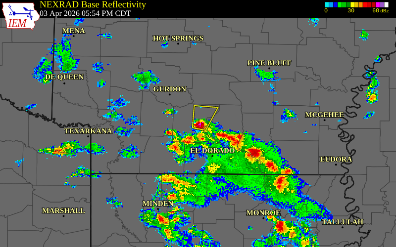 NEXRAD radar during the Friday, April 3, 2026 storm activity in Ouachita County, Arkansas