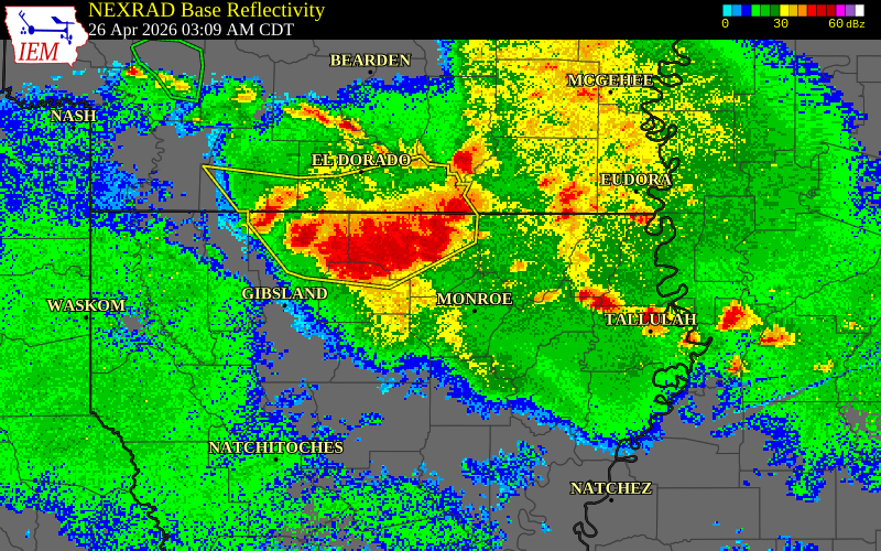 NEXRAD radar during the Sunday, April 26, 2026 storm activity in Ouachita County, Arkansas