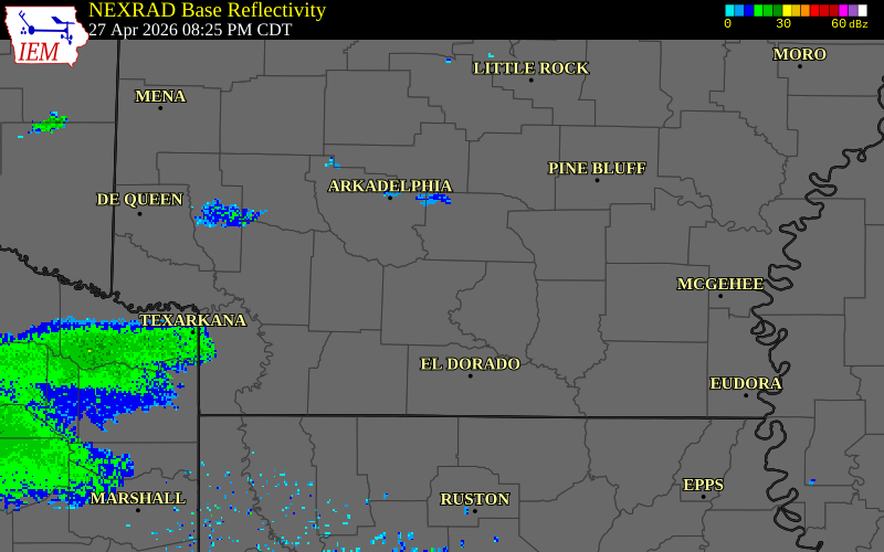 NEXRAD radar during the Monday, April 27, 2026 storm activity in Ouachita County, Arkansas