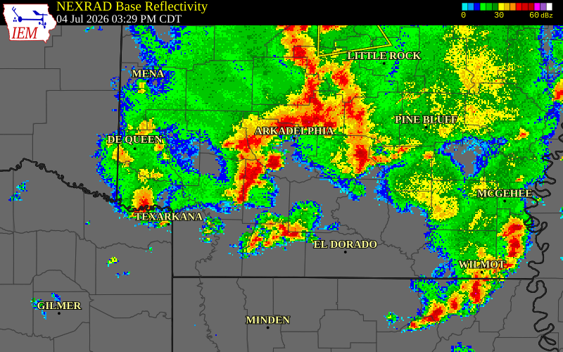 NEXRAD radar during the Saturday, July 4, 2026 storm activity in Ouachita County, Arkansas