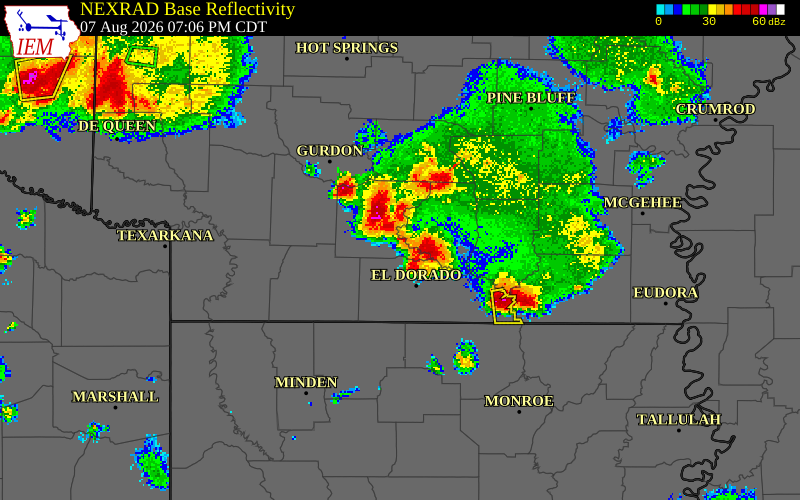 NEXRAD radar during the Friday, August 7, 2026 storm activity in Ouachita County, Arkansas