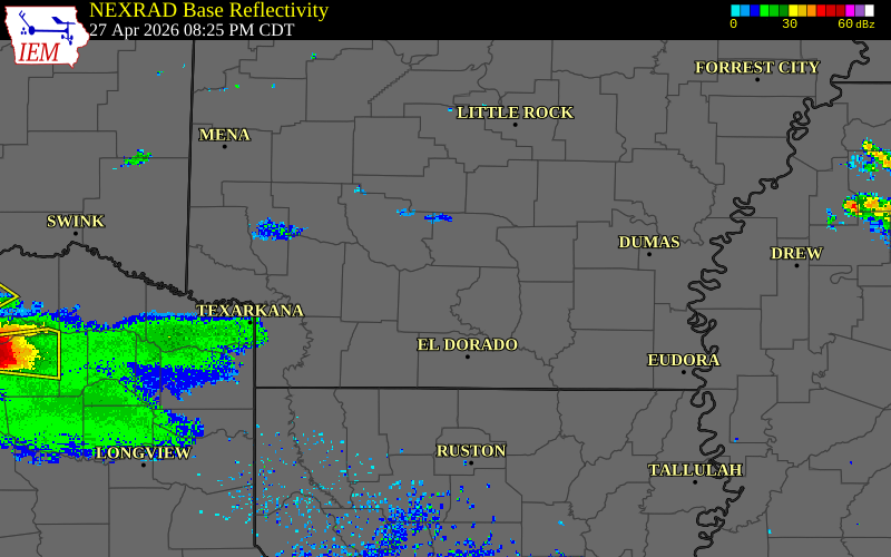 Radar snapshot during the Apr 27, 2026 hail event near Amy, Ouachita County, Arkansas, with NWS warning polygons