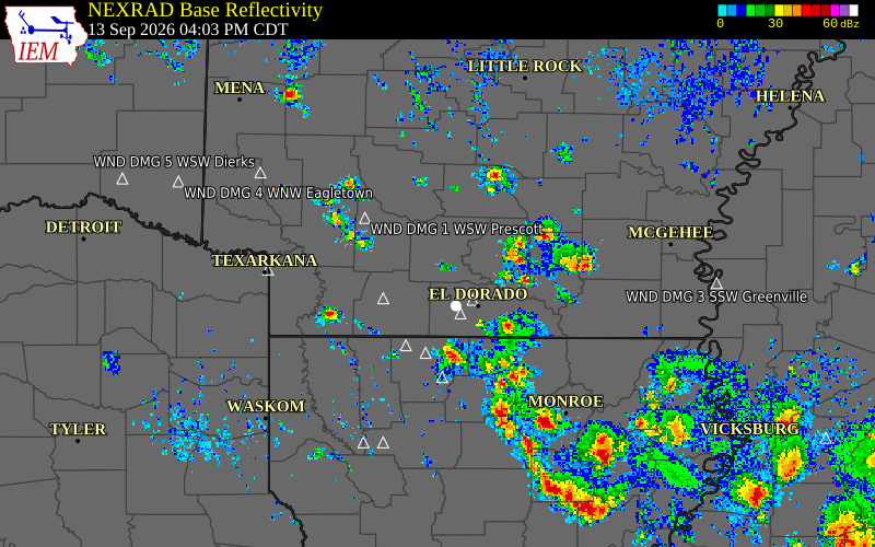 Current NEXRAD radar over Ouachita County, Arkansas with recent storm report locations