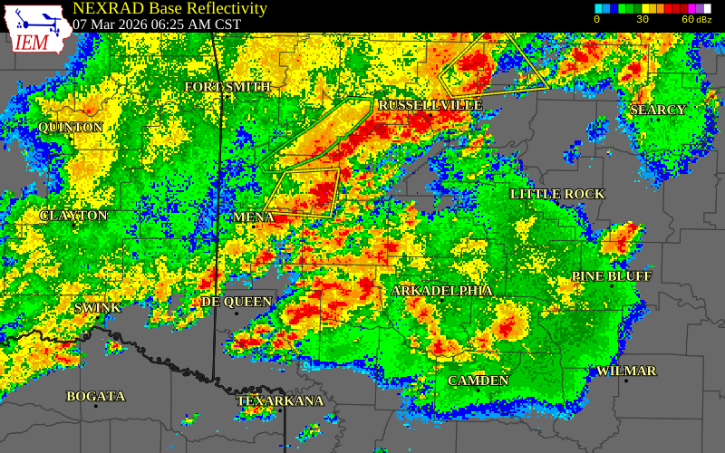 NEXRAD radar during the Saturday, March 7, 2026 storm activity in Perry County, Arkansas