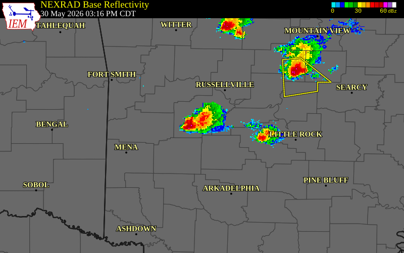 NEXRAD radar during the Saturday, May 30, 2026 storm activity in Perry County, Arkansas