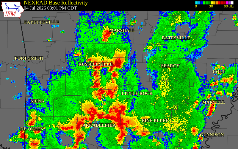 NEXRAD radar during the Saturday, July 4, 2026 storm activity in Perry County, Arkansas