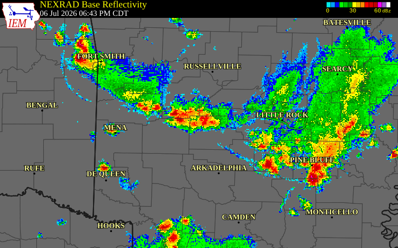 NEXRAD radar during the Monday, July 6, 2026 storm activity in Perry County, Arkansas