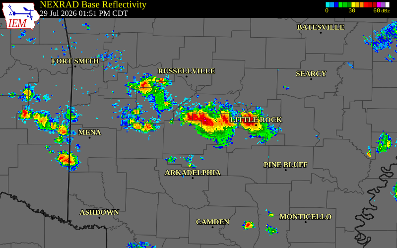 NEXRAD radar during the Wednesday, July 29, 2026 storm activity in Perry County, Arkansas