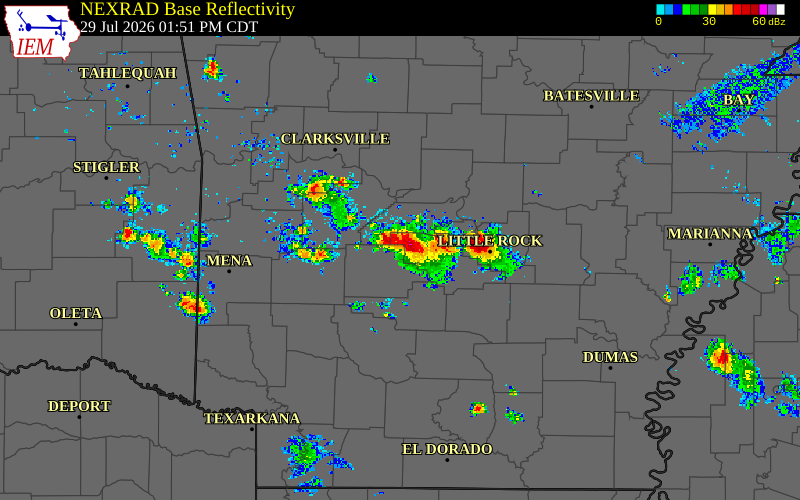 Radar snapshot during the Jul 29, 2026 wind event near Perry County, Perry County, Arkansas, with NWS warning polygons