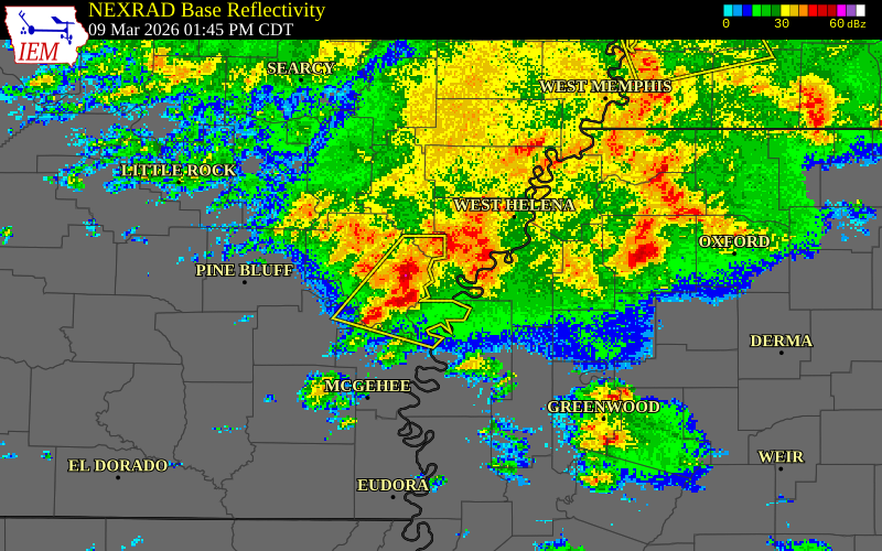 NEXRAD radar during the Monday, March 9, 2026 storm activity in Phillips County, Arkansas