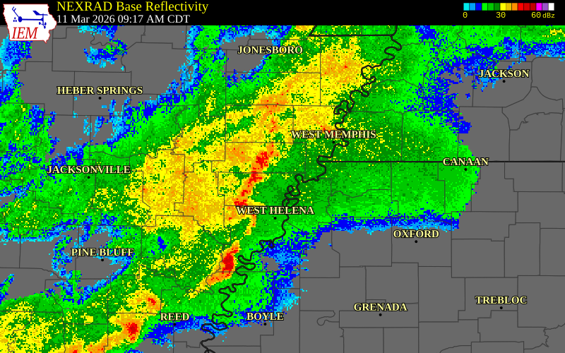 NEXRAD radar during the Wednesday, March 11, 2026 storm activity in Phillips County, Arkansas