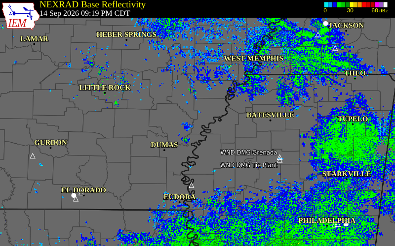 Current NEXRAD radar over Phillips County, Arkansas with recent storm report locations