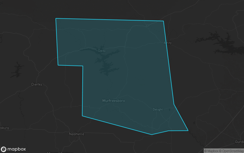 Map of Pike County, Arkansas showing the county boundary and surrounding cities
