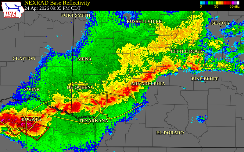 NEXRAD radar during the Friday, April 24, 2026 storm activity in Pike County, Arkansas