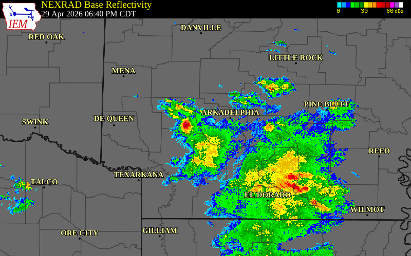 NEXRAD radar during the Wednesday, April 29, 2026 storm activity in Pike County, Arkansas