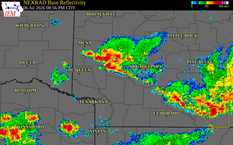 NEXRAD radar during the Monday, July 6, 2026 storm activity in Pike County, Arkansas