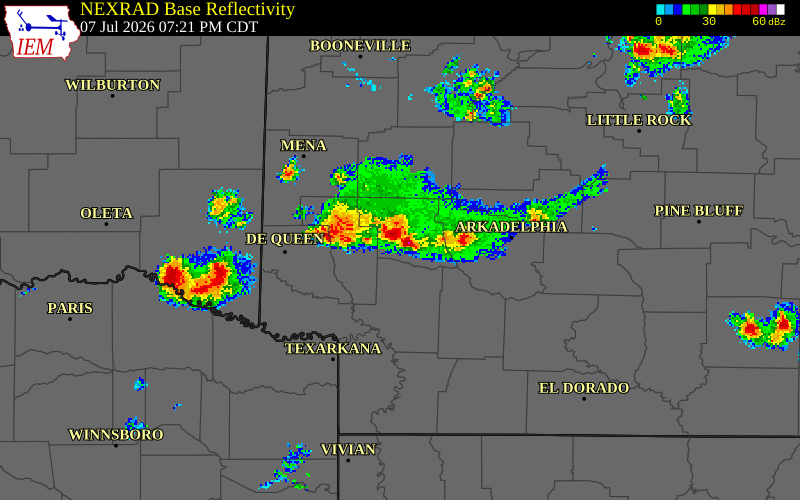 NEXRAD radar during the Tuesday, July 7, 2026 storm activity in Pike County, Arkansas