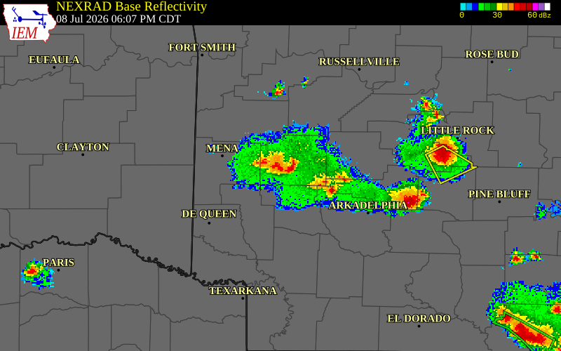 NEXRAD radar during the Wednesday, July 8, 2026 storm activity in Pike County, Arkansas