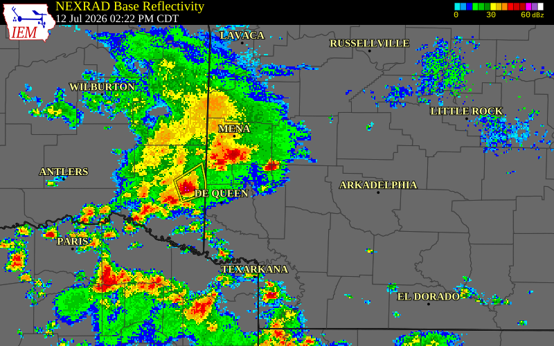 NEXRAD radar during the Sunday, July 12, 2026 storm activity in Pike County, Arkansas