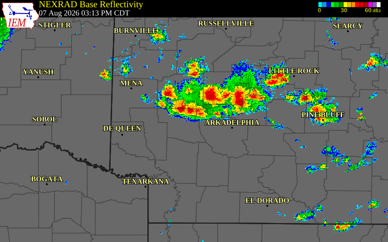 NEXRAD radar during the Friday, August 7, 2026 storm activity in Pike County, Arkansas