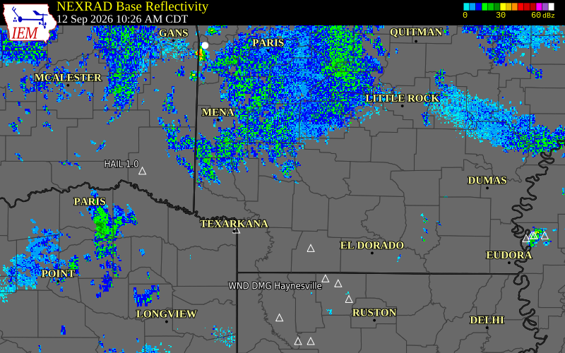 Current NEXRAD radar over Pike County, Arkansas with recent storm report locations