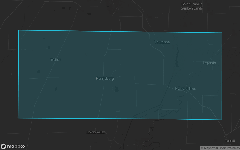 Map of Poinsett County, Arkansas showing the county boundary and surrounding cities