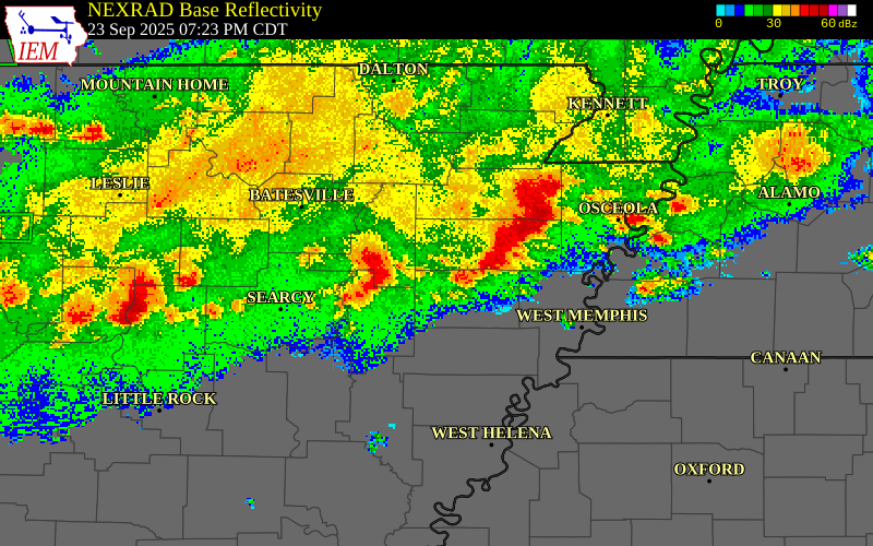 NEXRAD radar during the Tuesday, September 23, 2025 storm activity in Poinsett County, Arkansas