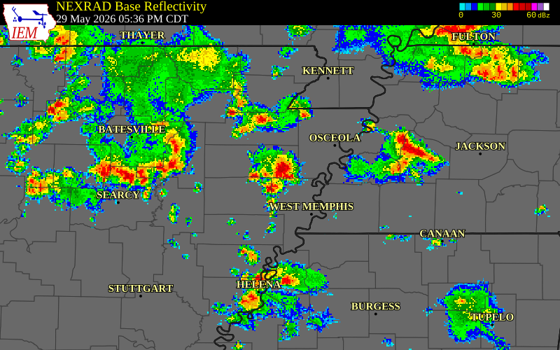 NEXRAD radar during the Friday, May 29, 2026 storm activity in Poinsett County, Arkansas