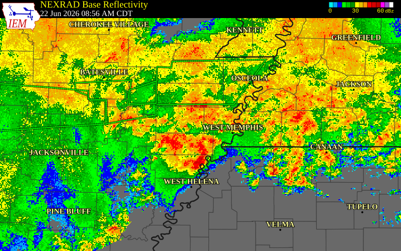 NEXRAD radar during the Monday, June 22, 2026 storm activity in Poinsett County, Arkansas