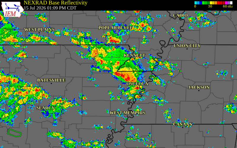 NEXRAD radar during the Wednesday, July 15, 2026 storm activity in Poinsett County, Arkansas