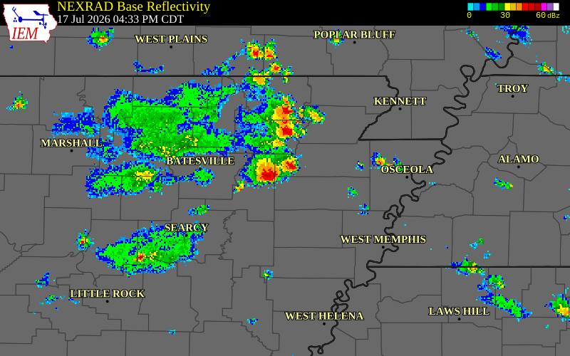 NEXRAD radar during the Friday, July 17, 2026 storm activity in Poinsett County, Arkansas