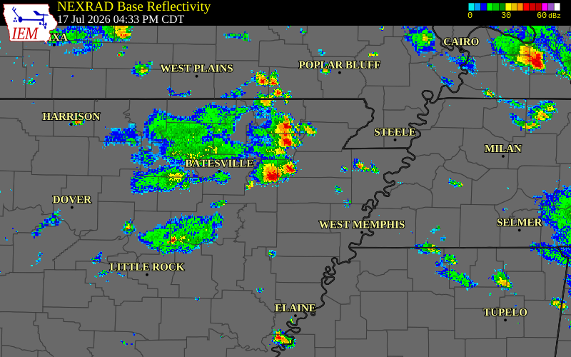 Radar snapshot during the Jul 17, 2026 wind event near Poinsett County, Poinsett County, Arkansas, with NWS warning polygons