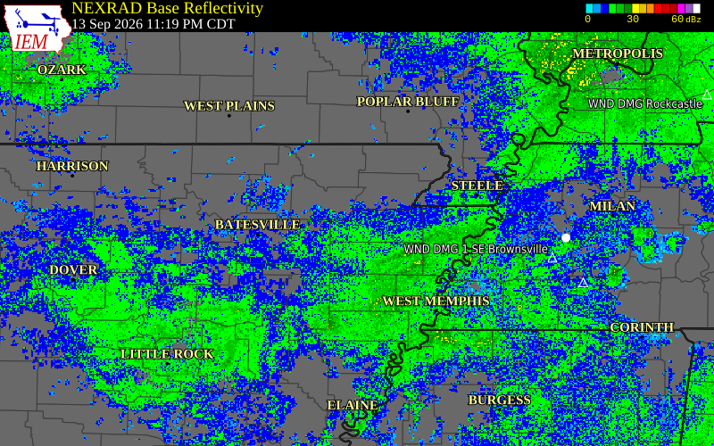 Current NEXRAD radar over Poinsett County, Arkansas with recent storm report locations