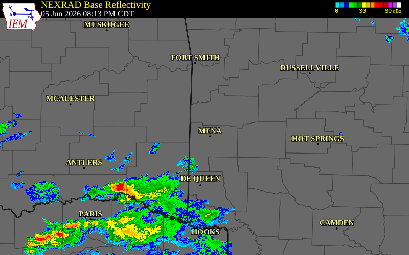 NEXRAD radar during the Friday, June 5, 2026 storm activity in Polk County, Arkansas