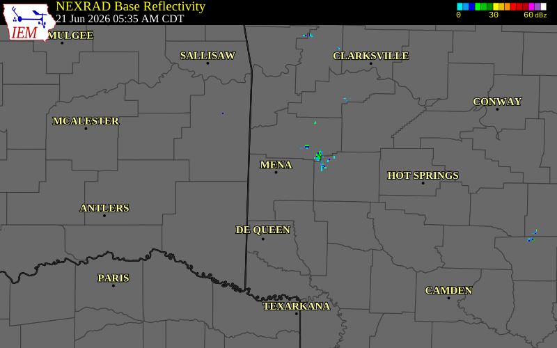 NEXRAD radar during the Sunday, June 21, 2026 storm activity in Polk County, Arkansas
