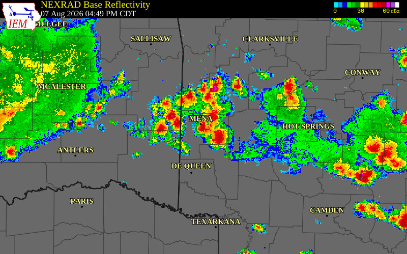 NEXRAD radar during the Friday, August 7, 2026 storm activity in Polk County, Arkansas