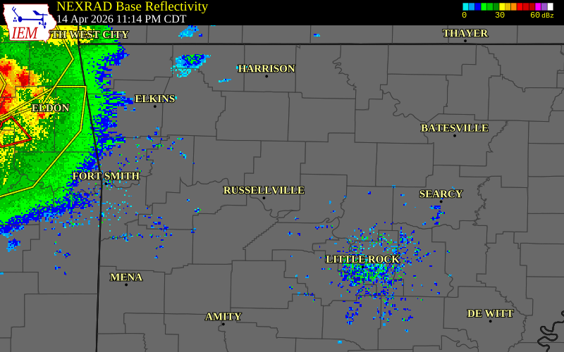 NEXRAD radar during the Tuesday, April 14, 2026 storm activity in Pope County, Arkansas