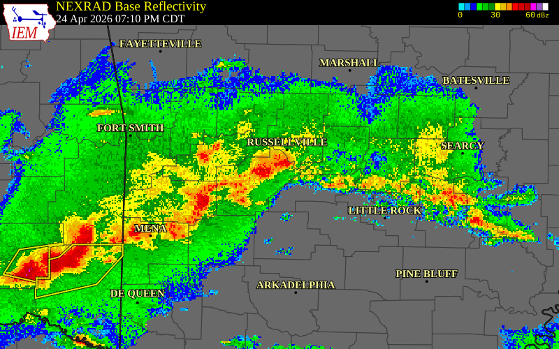 NEXRAD radar during the Friday, April 24, 2026 storm activity in Pope County, Arkansas