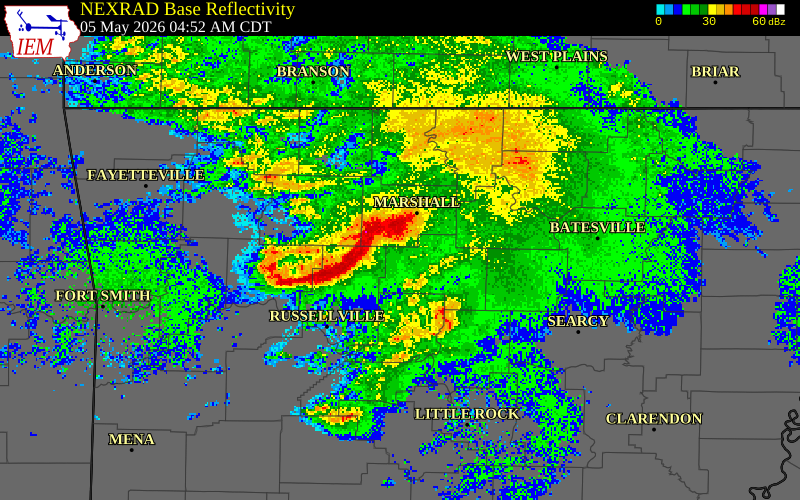 NEXRAD radar during the Tuesday, May 5, 2026 storm activity in Pope County, Arkansas