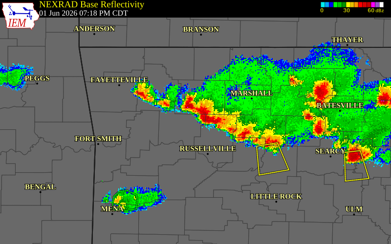 NEXRAD radar during the Monday, June 1, 2026 storm activity in Pope County, Arkansas
