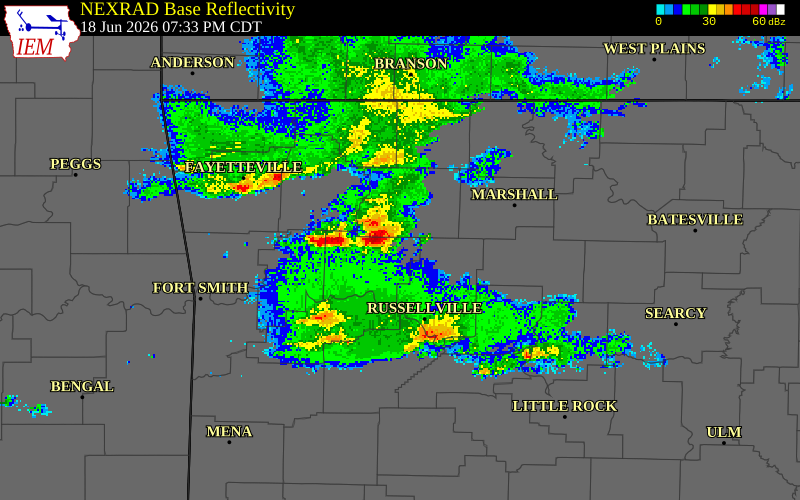 NEXRAD radar during the Thursday, June 18, 2026 storm activity in Pope County, Arkansas