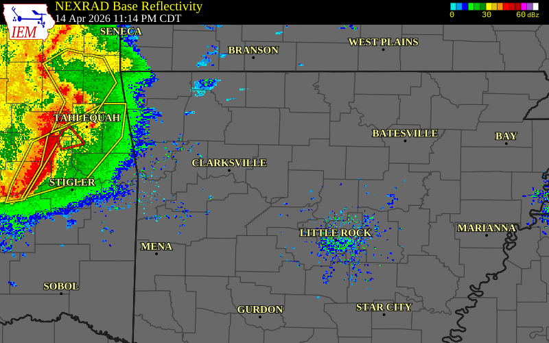 Radar snapshot during the Apr 14, 2026 wind event near 2 SW Hector, Pope County, Arkansas, with NWS warning polygons