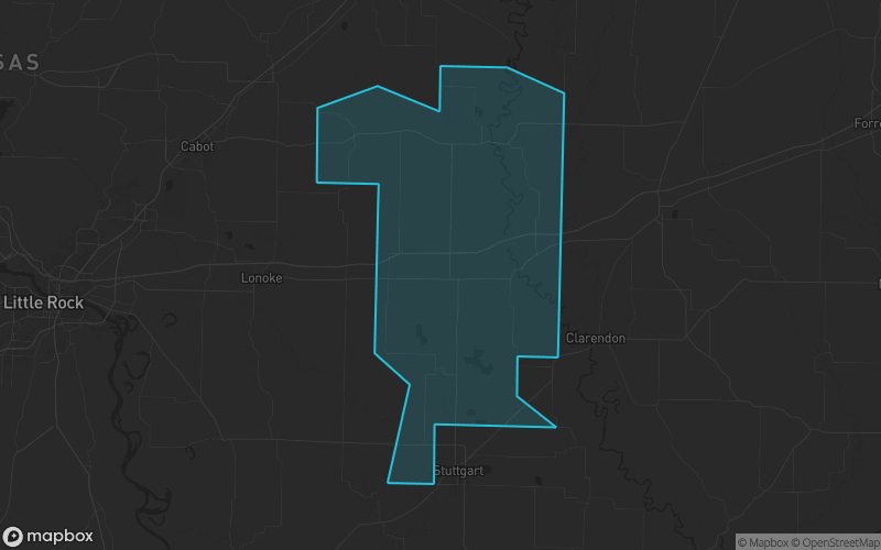 Map of Prairie County, Arkansas showing the county boundary and surrounding cities