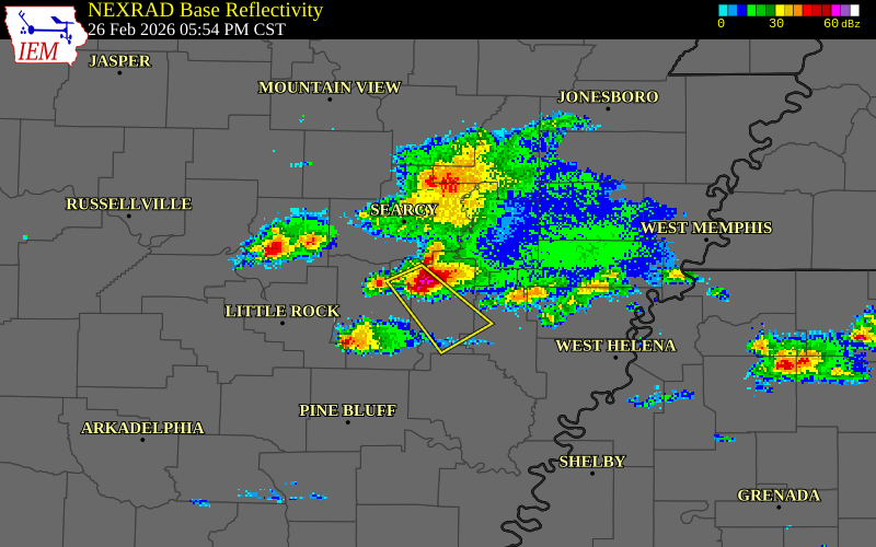NEXRAD radar during the Thursday, February 26, 2026 storm activity in Prairie County, Arkansas