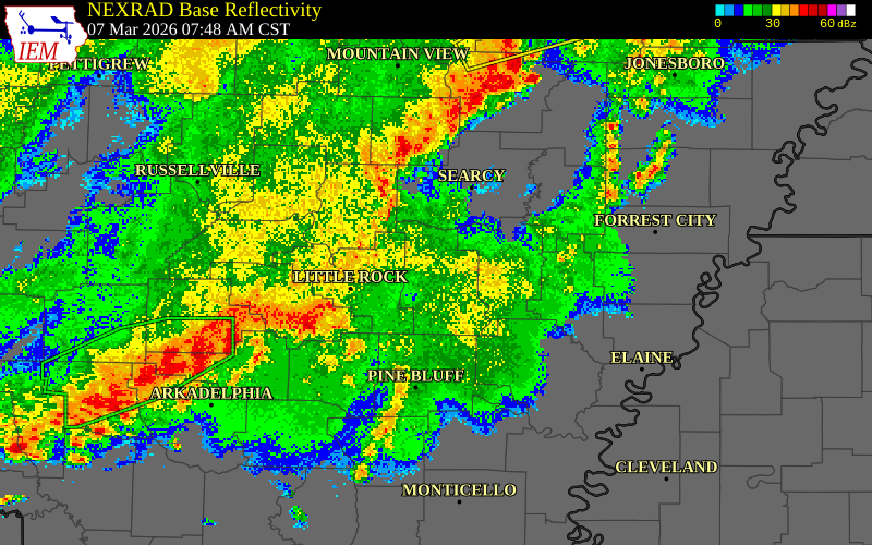 NEXRAD radar during the Saturday, March 7, 2026 storm activity in Prairie County, Arkansas