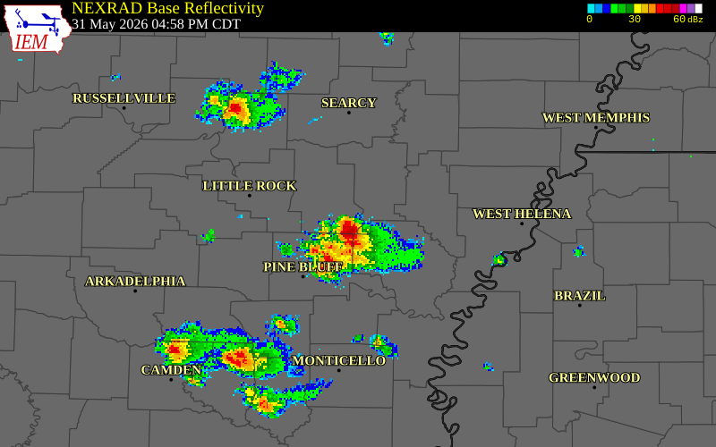 NEXRAD radar during the Sunday, May 31, 2026 storm activity in Prairie County, Arkansas