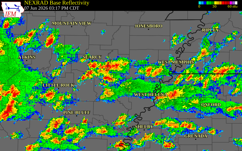 NEXRAD radar during the Sunday, June 7, 2026 storm activity in Prairie County, Arkansas