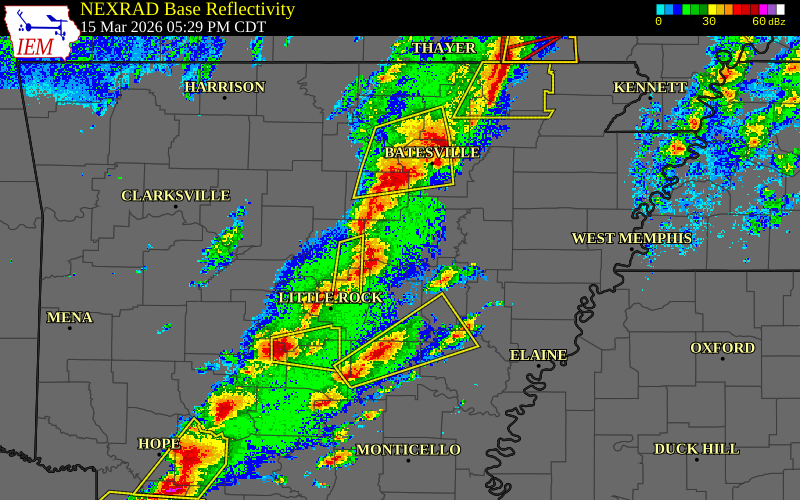 Radar snapshot during the Mar 15, 2026 wind event near Prairie County, Prairie County, Arkansas, with NWS warning polygons